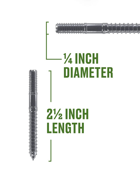 Stainless Steel Hanger Bolts 1/4 20 X 2 1/2 In Double Threaded Wood Metal Fasteners on display with dimensions labeled.