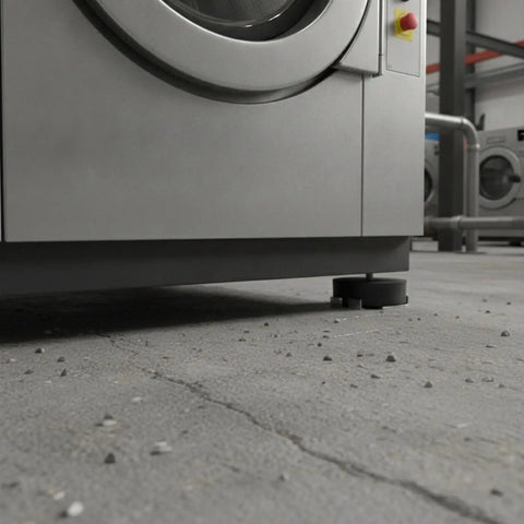 No Sweat Adjustable Leveling Feet With Grippy Rubber Base For Laundry Machines on uneven concrete, showcasing a sturdy grip underneath.