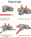 30 Pack Heavy Duty 3 Way Lever Wire Connectors Push In Electrical Splice Terminal Block 28 To 12 Awg 600 Volt 32 Amp Rating assembly steps shown.