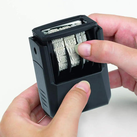 Bulletproof Self Inking Date Stamp Featuring Precise Day And Full Word Month Configuration showing smooth rotation and user operation.
