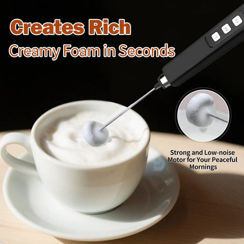 Rechargeable Milk Frother Handheld With 3 Detachable Stainless Whisks 3 Speed Adjustable Drink Mixer in action with coffee cup