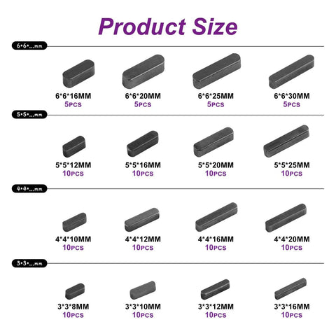 Round Ended Feather Key Set, 140 Pcs Parallel Drive Shaft Keys, Key Stock Assortment for Shaft Keyways, size chart