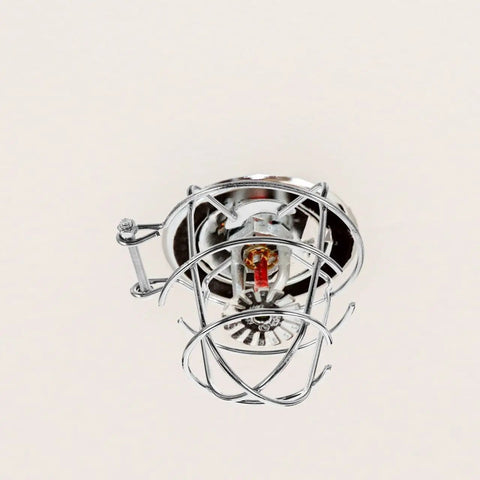 Heavy Duty Tough As Nails Fire Sprinkler Head Covers Screw Type Protector Cage 2 Pack view from below, showcasing chrome cage design.