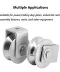 Two Inch Stainless Steel V Groove Gate Roller Wheel With Dual Ball Bearings For Effortless Sliding And Swing Gate Track Movement Heavy Duty Construction Built Tough To Roll Smooth Daily, shown from the side with a sleek design.