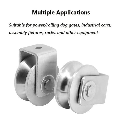 Two Inch Stainless Steel V Groove Gate Roller Wheel With Dual Ball Bearings For Effortless Sliding And Swing Gate Track Movement Heavy Duty Construction Built Tough To Roll Smooth Daily, shown from the side with a sleek design.
