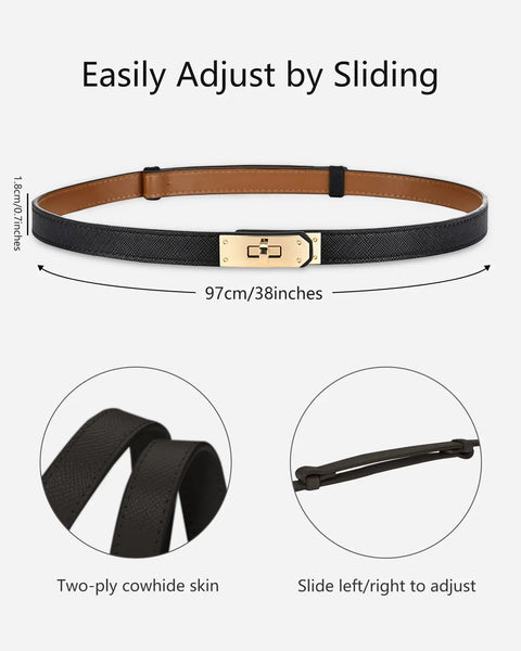 White Skinny Leather Belt For Women With Adjustable Golden Turn Lock Buckle Hole Free Thin Waist Strap Totally Clutch Accessory For Slaying Jeans Daily on display with sliding adjustment features.