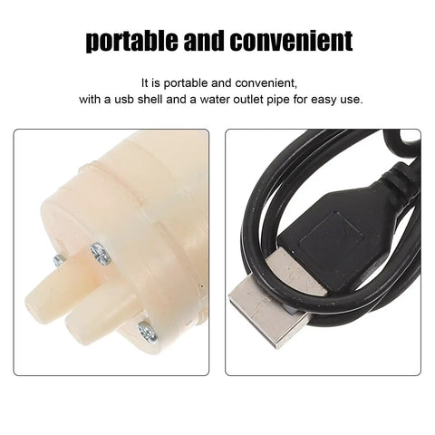 Tiny But Mighty 5V USB Mini Sump Pump With Portable Design For Quick Balcony Drainage Cleanup And Backyard Pool Water Removal Durable Build For Spotless Floors And Reliable Puddle Rescue Mission Done Right, showcasing USB connector and water outlet pipe.