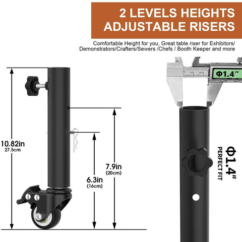 Heavy Duty 7 Inch Adjustable Metal Table Leg Extenders Featuring Smooth Rolling Locking Casters measuring 6.3 to 7.9 inches.
