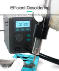Hot Air Desoldering Station For PCB Rework, 580W Max, 40L Air Flow, Three Channel Temperature Control, Precise Constant Temperature, SMD Board Repair Soldering Station, Pro Grade Heat Gun For Electronics in use on PCB component