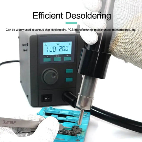 Hot Air Desoldering Station For PCB Rework, 580W Max, 40L Air Flow, Three Channel Temperature Control, Precise Constant Temperature, SMD Board Repair Soldering Station, Pro Grade Heat Gun For Electronics in use on PCB component