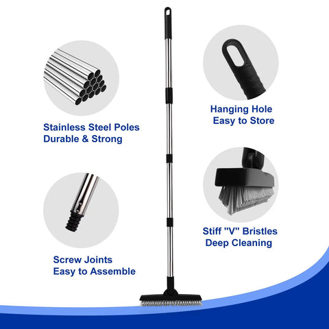Grout Cleaning Brush With Adjustable Long Handle Swivel Head V Shaped Stiff Bristles Tile Scrubber parts and features infographic