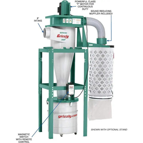 Heavy Duty Three Horsepower Cyclone Dust Collector Workhorse With Fifty Five Gallon Steel Drum And Slick Polyester Cartridge Filter.
