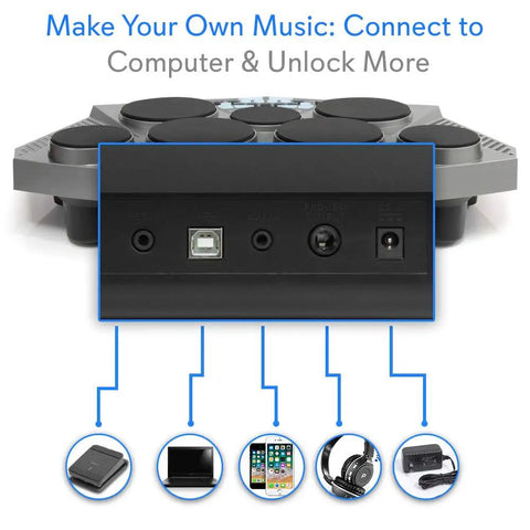 Back panel of Portable Electronic Drum Kit With 7 Drum Pads, Hi Hat And Kick Bass Pedal, USB AUX ports and connections, PTED06