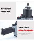 Close-up of ½ inch square drive on the Beefy Half Inch Pneumatic Impact Wrench with rubber cover handle for comfort.