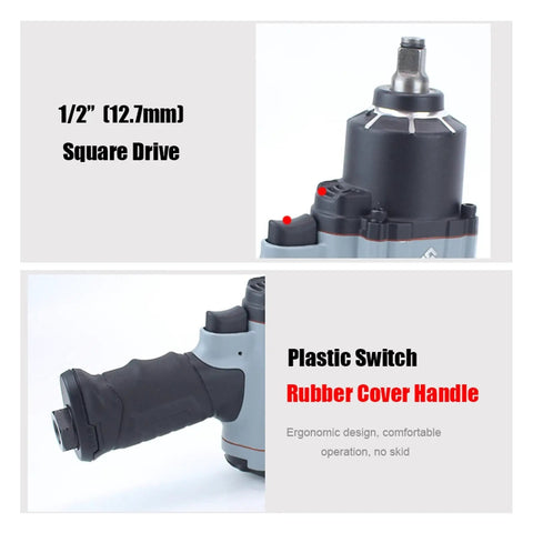 Close-up of ½ inch square drive on the Beefy Half Inch Pneumatic Impact Wrench with rubber cover handle for comfort.