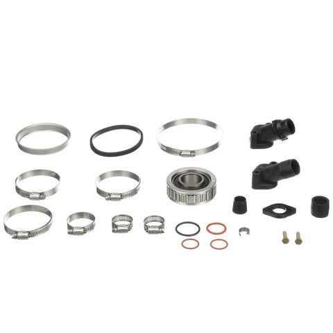 Stern Drive Transom Seal Repair Kit To Fix Your MerCruiser Bravo And Blackhawk Stern Drives With Exhaust Bellows Hoses Seals Gaskets And Clamps For Sealing The Transom Opening Right. kit parts laid out