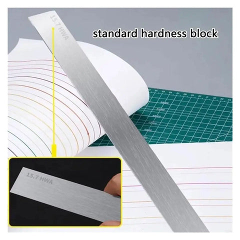 Digital Hardness Tester 6 In 1 Handheld Metal Gauge With Bright LCD Screen And Quick Data Save For Aluminum Brass Copper Sheets Nail On Accuracy And Solid Build Workshop Essential For Real Pros showing standard hardness block with 15.7 HWA measurement.