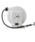 Heavy Duty Hose Reel With Thirty Five Foot Garden Hose And Enclosed Powder Coated Drum For Serious Chore Hustle Easy Wall Mount side view with spray gun attachment