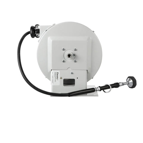 Heavy Duty Hose Reel With Thirty Five Foot Garden Hose And Enclosed Powder Coated Drum For Serious Chore Hustle Easy Wall Mount side view with spray gun attachment