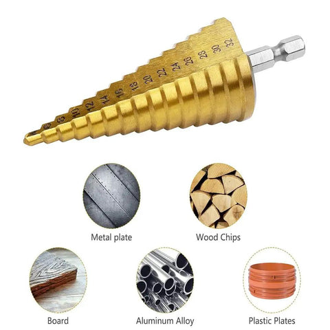 Step Drill Bit Set 4-32mm HSS Titanium Coated Quick Change Cone Bit With One Quarter Inch Hex Shank For Metal Plastic Wood