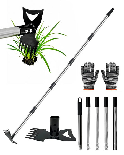 70 Inch Heavy Duty 2 In 1 Weeder And Garden Hoe With Long Handle, gloves, 6-tine puller, scraper, poles for weeding lawn garden patio.