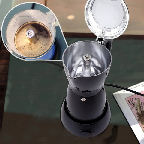 Image of an Electric Espresso Maker 6 Cup Mocha Pot Portable Italian Style Coffee Brewer For Camping And Travel 550W 110V Aluminum Alloy.