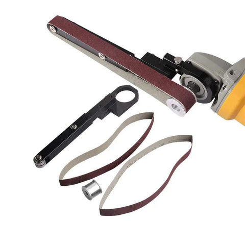 Killer Mini Angle Grinder Belt Sander Conversion Kit Sick Adapter For Model 100 with sanding belts and metal parts.
