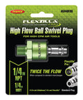 High Flow Ball Swivel Plug For Air Tools, 1/4 Inch Body And 1/4 Inch MNPT, Push-To-Connect Quick Connector, Pro Grade Build, Handles Up To 300 PSI, Twice The Flow Compared To Standard Interchanges, Nickel Finish. Package front