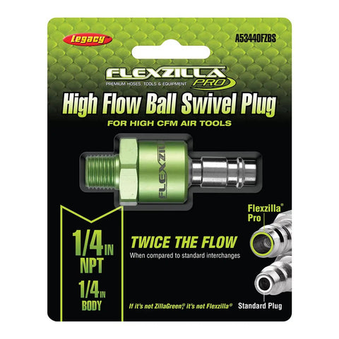 High Flow Ball Swivel Plug For Air Tools, 1/4 Inch Body And 1/4 Inch MNPT, Push-To-Connect Quick Connector, Pro Grade Build, Handles Up To 300 PSI, Twice The Flow Compared To Standard Interchanges, Nickel Finish. Package front