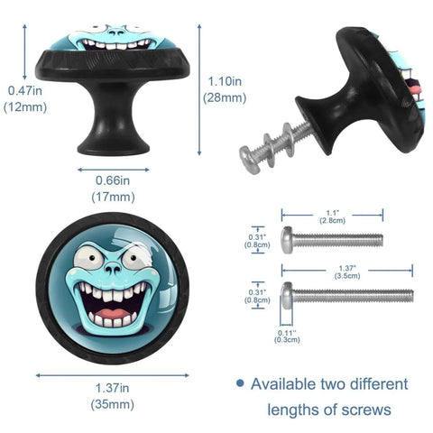 4 Pack Round Cabinet Knobs And Drawer Pulls For Kids with fun blue monster design, dimensions shown, includes screws for easy install.