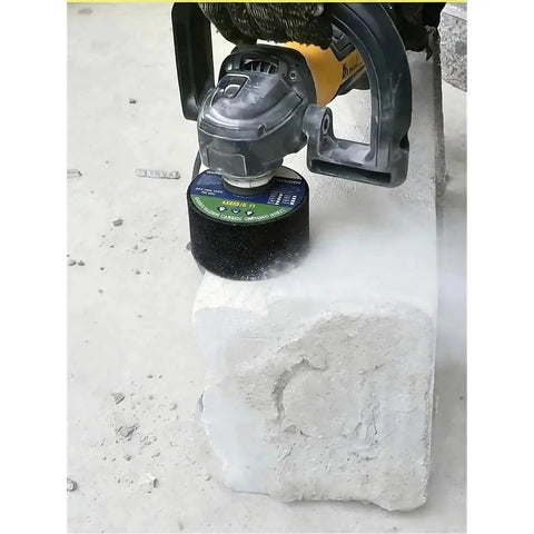 Green 4 Inch Grinding Stone For Angle Grinder, 120 Grit Abrasive Wheel in use on concrete block, fits 4 by 2 by 5/8 inch arbor