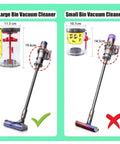 Comparison of large and small dust bins for V11 V15 SV14 SV22 cordless vacuums with dimensions displayed