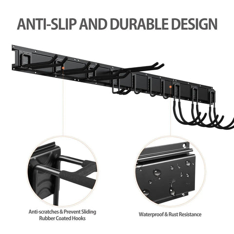 64 Inch Adjustable Garage Tool Organizer Wall Mounted Storage System With 10 Hooks showing anti-slip rubber hooks and rust resistance design.