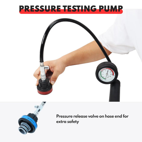 Front view of BILITOOLS radiator coolant pressure tester with gauge and flexible hose