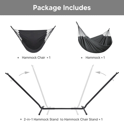 Package includes 2 In 1 Portable Hammock With Stand Included Convertible Double Hammock To Hammock Chair Outdoor Patio Lounger.