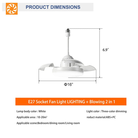 Small Ceiling Fan with Retractable Blades and Light, Remote Control, Indoor dimensions 16" diameter, 6.9" height, color white.