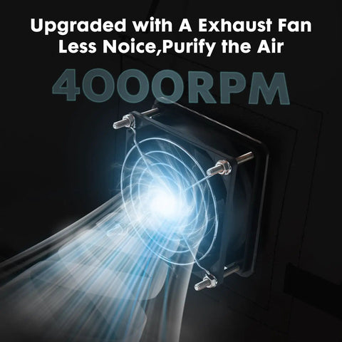 Exhaust fan detail of laser engraving enclosure for 700 by 700 by 400mm machines with 4000RPM airflow presentation