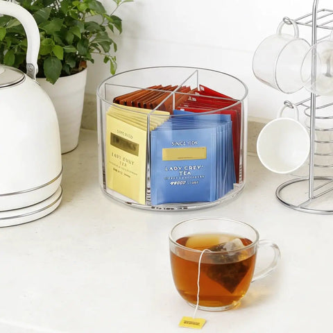 Drink Packet Organizer With 360 Degree Lazy Susan Turntable For Hydration Packets And Water Flavor Mixes, Acrylic Container Tea Bag Holder on kitchen counter