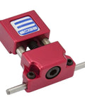 Premium Industrial Milling Vise Jaw Stop With Hardcore Hardened Work Pin, red anodized aluminum, precision CNC adjustment.