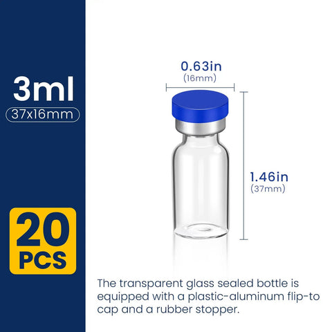 3ml Sterile Glass Injection Vials, 20 Pack, Individually Sealed With Self Healing Ports, Butyl Stopper And Aluminum Caps, Leakproof Lab Grade Vials For Safe Sample Storage, Transport, And Easy Refill, 3ml vial with 37x16mm dimensions