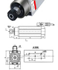 Rock Solid Heavy Duty Cnc Router Spindle Motor 3.5Kw Water Cooled Er25 Mount front view with specifications and dimensions chart.