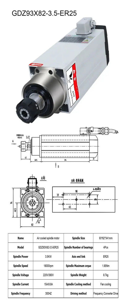 Rock Solid Heavy Duty Cnc Router Spindle Motor 3.5Kw Water Cooled Er25 Mount front view with specifications and dimensions chart.