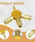Three Way Air Hose Splitter With One Quarter Inch Fittings, Aluminum Copper Plated Manifold, Quick Connect Attachments