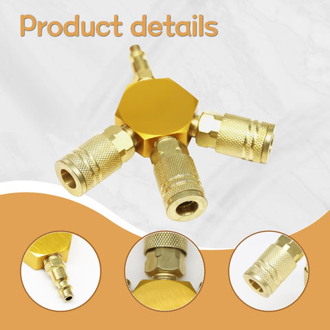 Three Way Air Hose Splitter With One Quarter Inch Fittings, Aluminum Copper Plated Manifold, Quick Connect Attachments