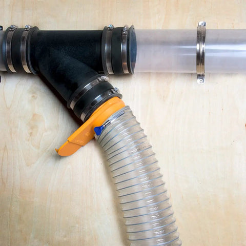4 Inch Anti Static Dust Collection Hose 10 Feet Flexible PVC for table saw connection with steel spring on plywood wall