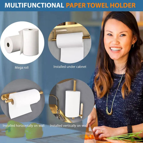 Self Adhesive Paper Towel Holder Under Cabinet Mount No Drilling 13.2 Inch Bar Brushed Gold Stainless Steel SUS304 Waterproof