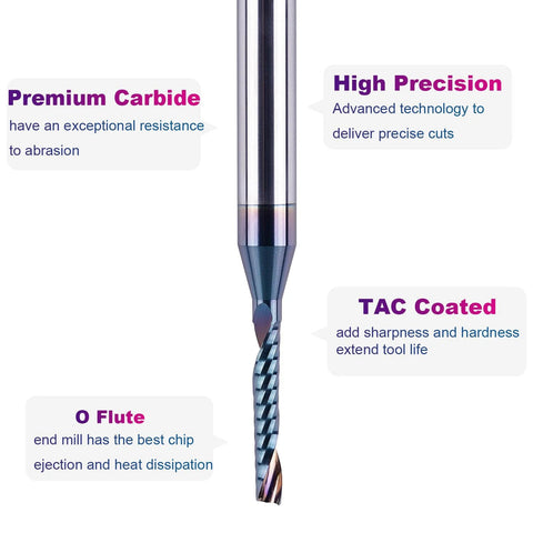 SpeTool carbide O-flute spiral router bit, 1/8 in cutting dia, 1/4 in shank, TAC coated for acrylic/non-ferrous CNC milling