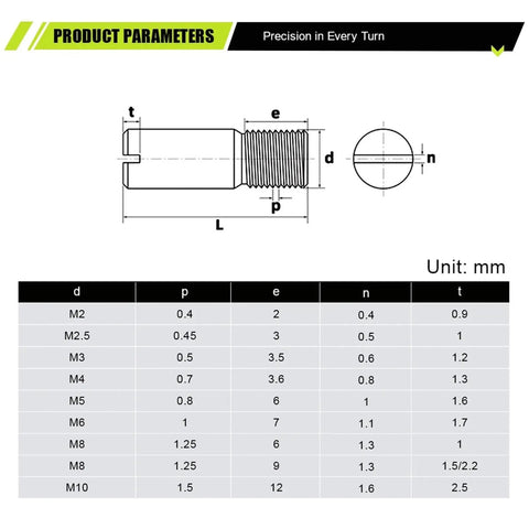 Technical drawing and specifications of Spot On Locating Dowel Pin Set With External Thread In 304 Stainless Steel For Precision Alignment M2-M8.