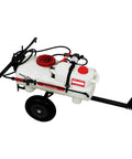 Tow Behind ATV UTV Spot Sprayer With 25 Gallon Dual Water And Concentrate Tanks, 12V Pump, attached to black tow bar, translucent white