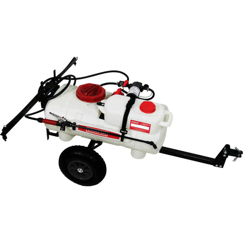 Tow Behind ATV UTV Spot Sprayer With 25 Gallon Dual Water And Concentrate Tanks, 12V Pump, attached to black tow bar, translucent white